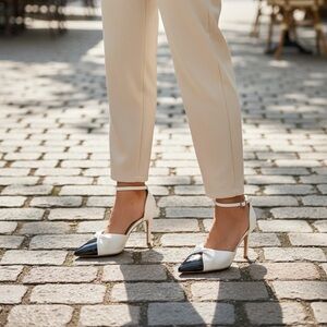 White & Black Pointed Toe Ankle Strap Heels Size 9